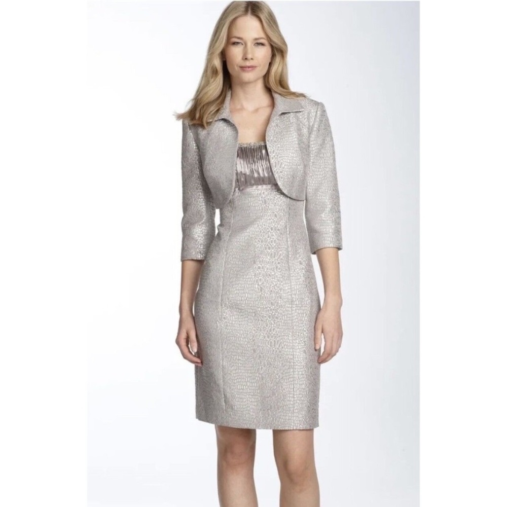 $240 NWT Adrianna Papell Metallic Sheath Dress & Bolero Sz 6 taupe/metallic